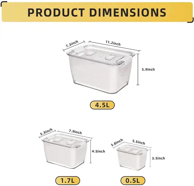 3pcs Fresh Food Storage Containers refrigerator organizer and removable drain tray