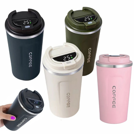 Digital stainless steel coffee mug.