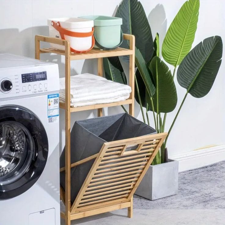 Laundry Hamper Bamboo Basket with removable fabric liner shelf rack.