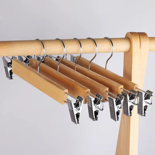 5pcs High Grade Natural Wooden Hangers Skirt Pants Hangers with Clips and 360° Swivel Hook, Heavy Duty Jeans Hangers, Skirt,Trousers,kids clothes, Closet Organizer with Trousers Clips 5pcs set