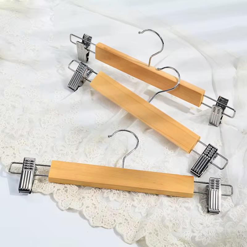 5pcs High Grade Natural Wooden Hangers Skirt Pants Hangers with Clips and 360° Swivel Hook, Heavy Duty Jeans Hangers, Skirt,Trousers,kids clothes, Closet Organizer with Trousers Clips 5pcs set