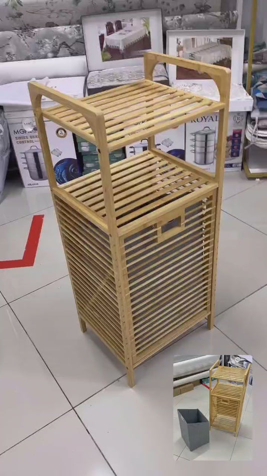 Laundry Hamper Bamboo Basket with removable fabric liner shelf rack.