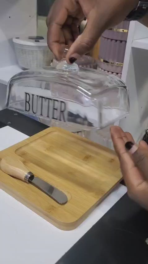 Glass butter dish with bamboo tray