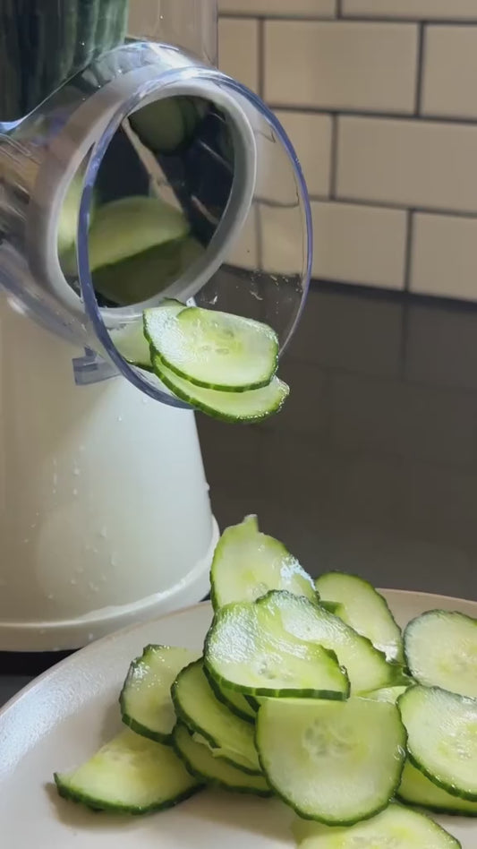 Rotary drum grater veggie slicer with 3 slicing options