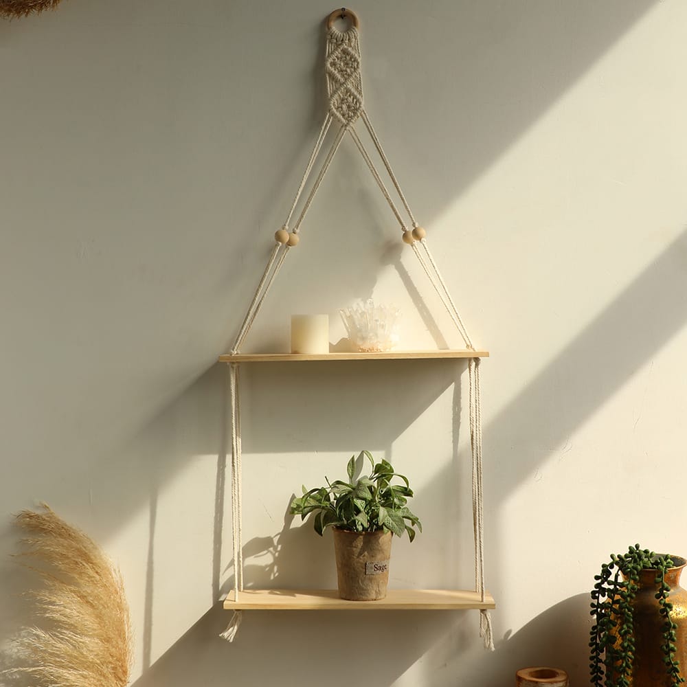 New Macrame Hanging floating Shelf Wall Decor -2 Tier