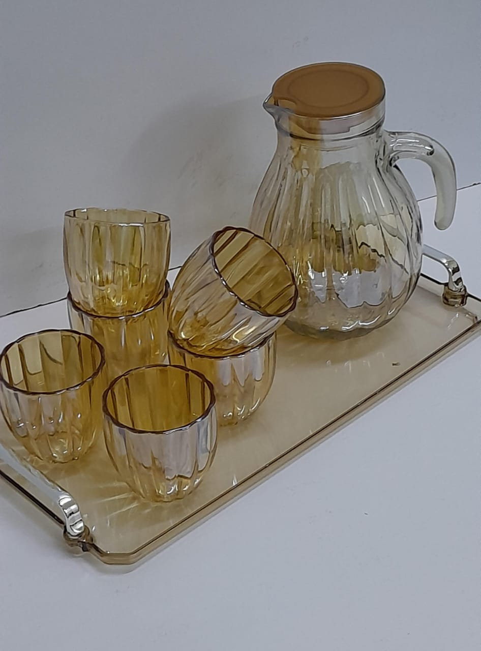 Glass Jug with glasses + Tray