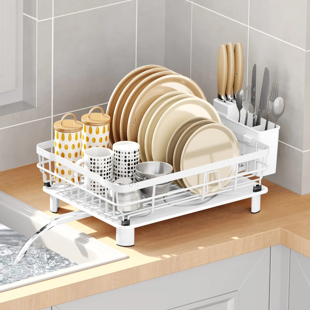 Minimalist countertop dish drying rack with a durable white-coated metal frame and removable utensil holder