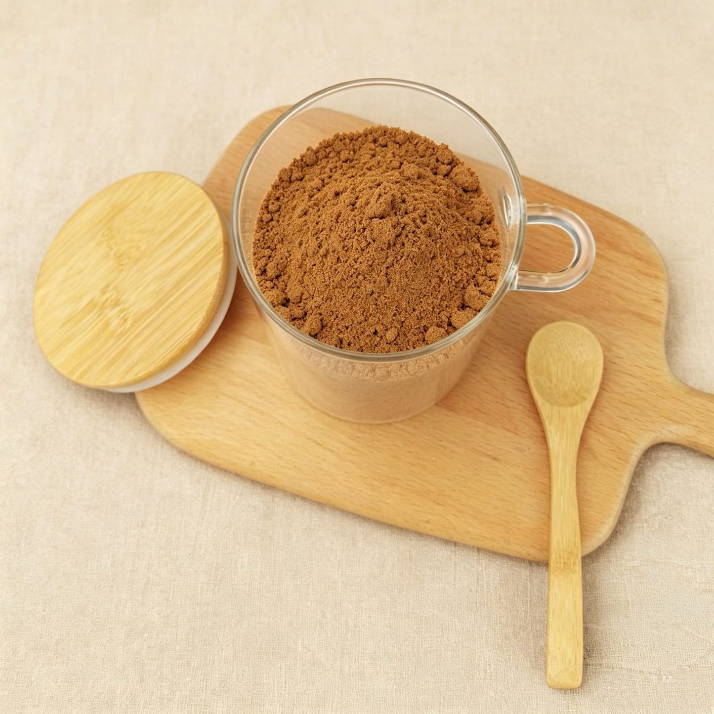 Glass spice / storage jar with spoon and bamboo lid