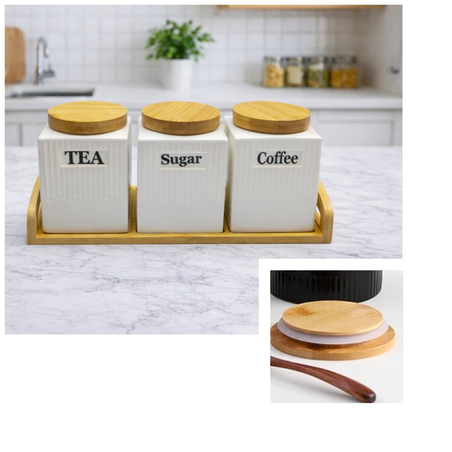 3pc Ceramic Canister Set with Bamboo Lids & Tray