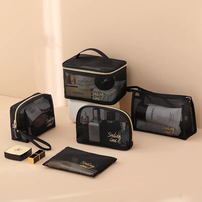 5pc Transparent Mesh Makeup Case Organizer Storage Pouch Casual Zipper Toiletry Wash Bags Make Up Women Travel Cosmetic Bag
