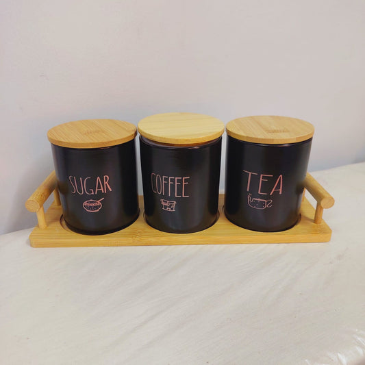 3pc Ceramic canisters with bamboo lid