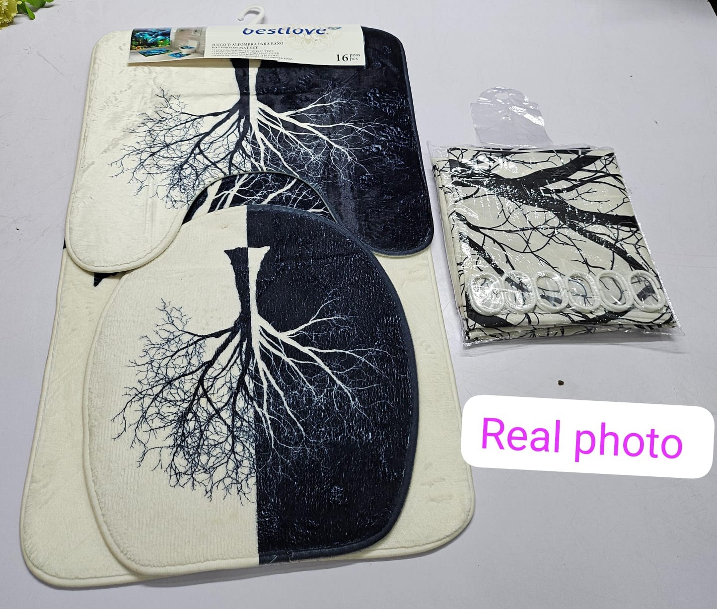 3D 4in1 bathroom woolen mats with a waterproof shower curtain