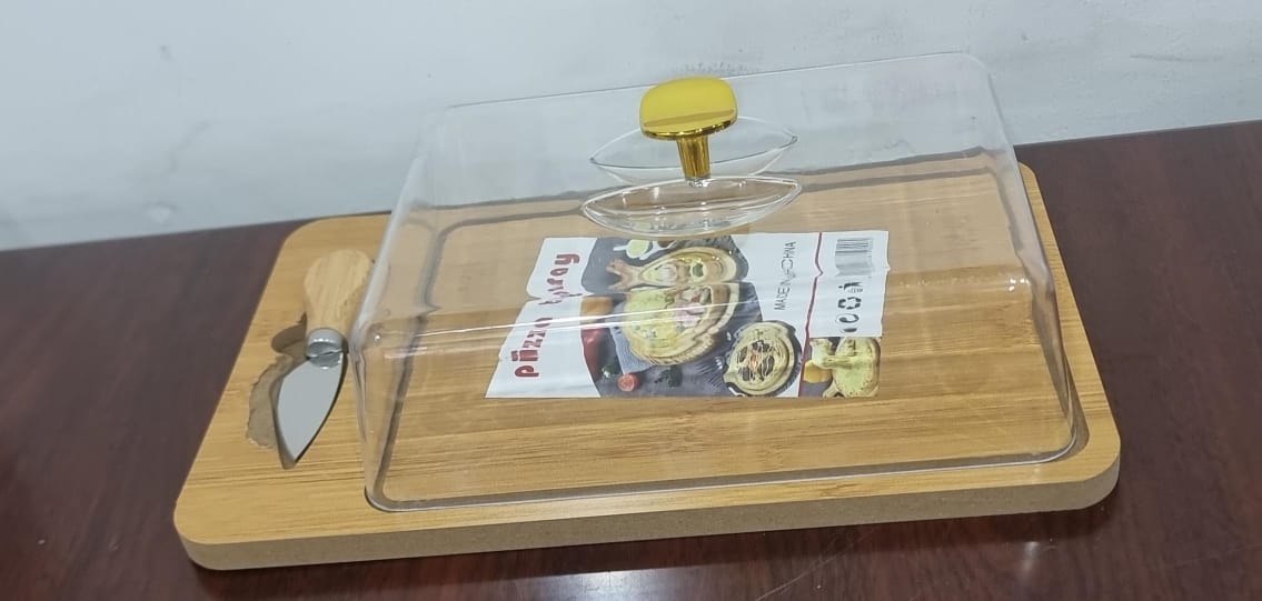 Wooden pizza tray with acrylic cover and knife