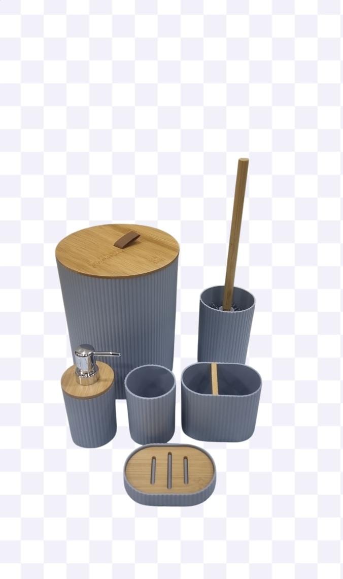 Bathroom set of 6pc (consisting soap dish cup toothbrush holder soap dispenser toilet brush n holder and dust bin) now available in 2 designs each having 3 colours