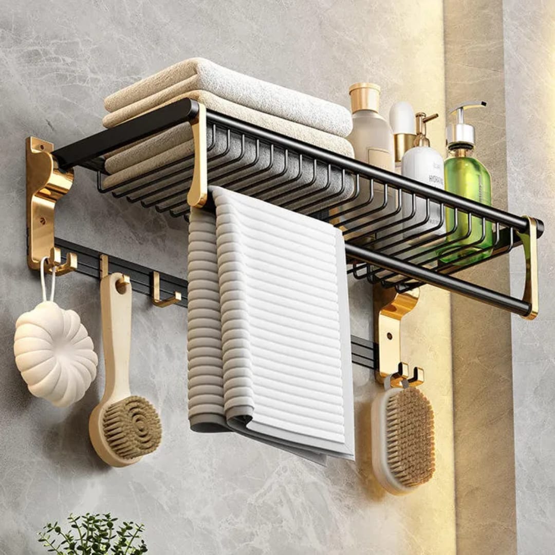 Multifunctional Towel Rack with Hook Bathroom Accessories Wall Mount Rail Shower Hanger Aluminum Matte Black Shelf Organizer
