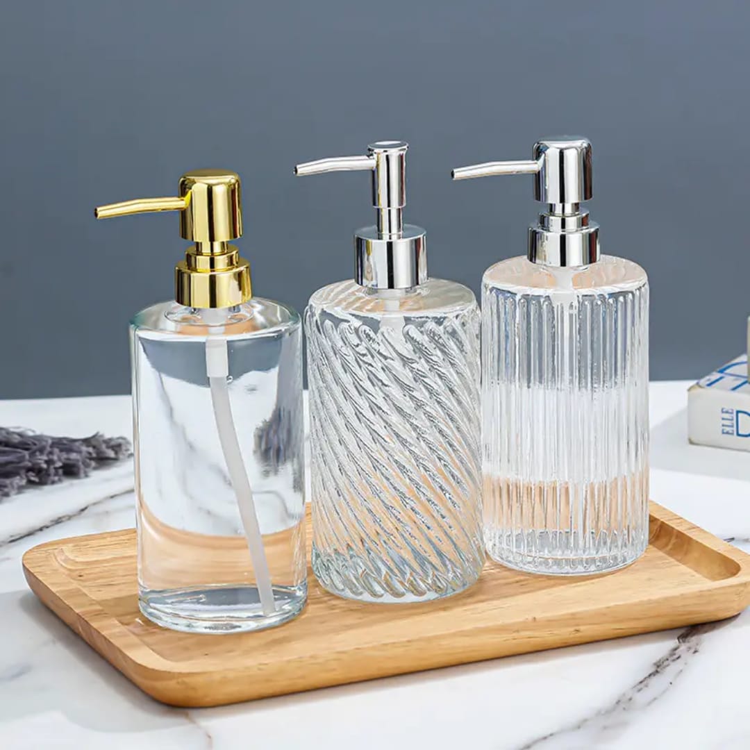 Golden Stainless Steel 400ml Shampoo Soap Dispenser Vertical Pattern Glass Lotion Bottle