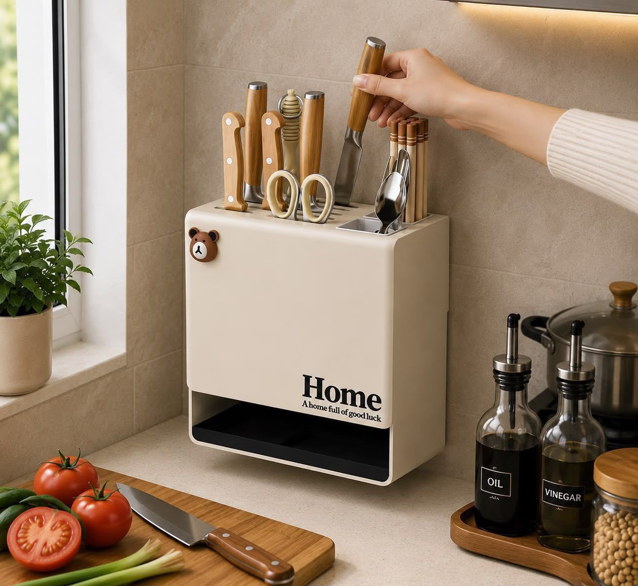 Wall-Mounted Multi-Functional Knife Rack Chopstick Holder Integrated Knife Storage Rack