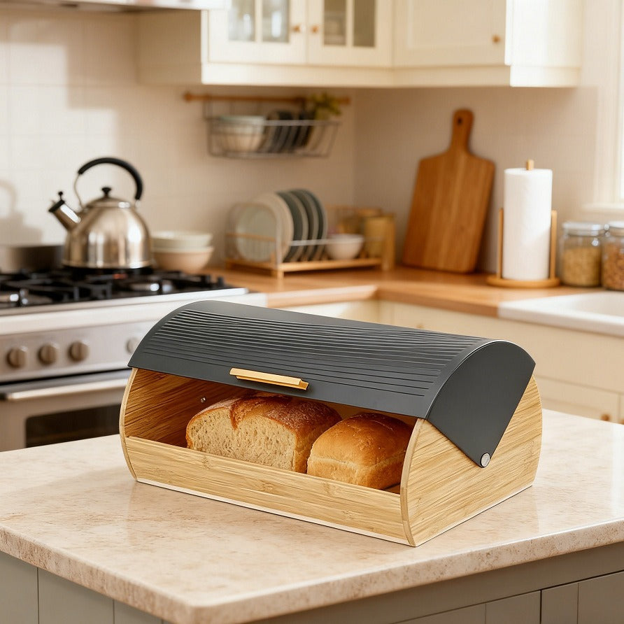 Bamboo Bread Box with Roll-Top Black Lid