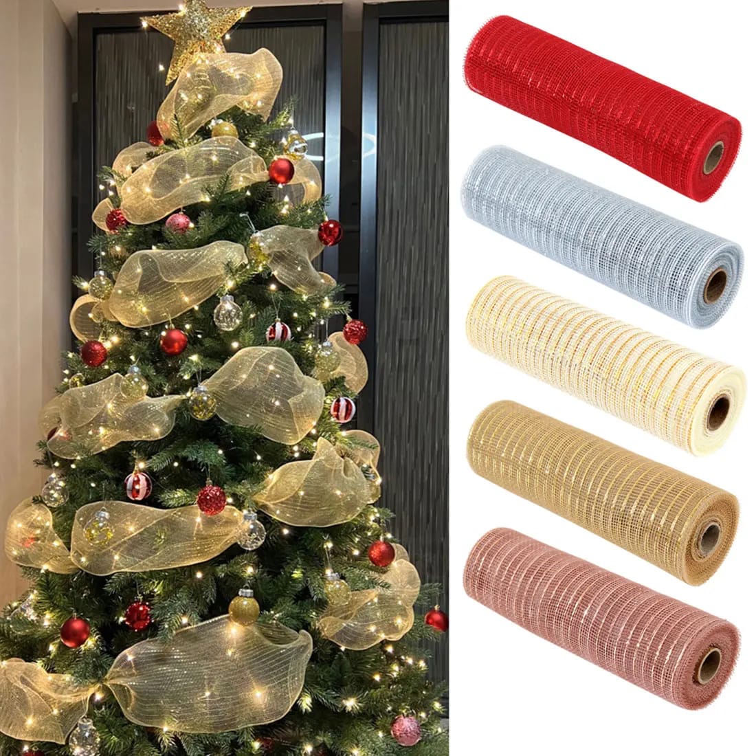 26cm 10 Yards Gold White Mesh Ribbon DIY Xmas Tree Glitter Mesh