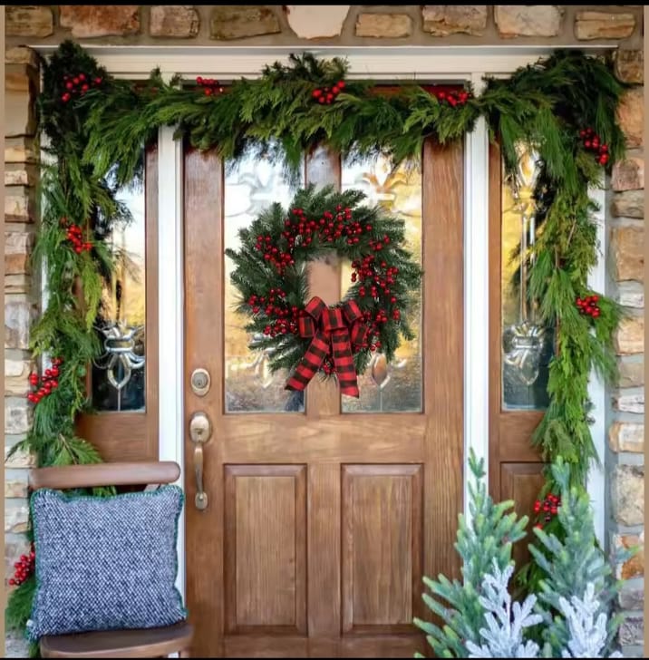 Christmas Red wreath front door hanging with decorations