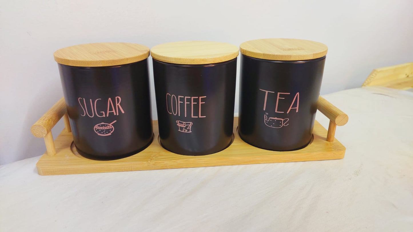 3pc Ceramic canisters with bamboo lid