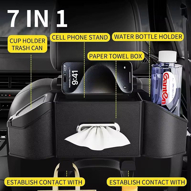 Multipurpose 7 in 1 vehicle/ car rear seat storage box with tissue cup holder