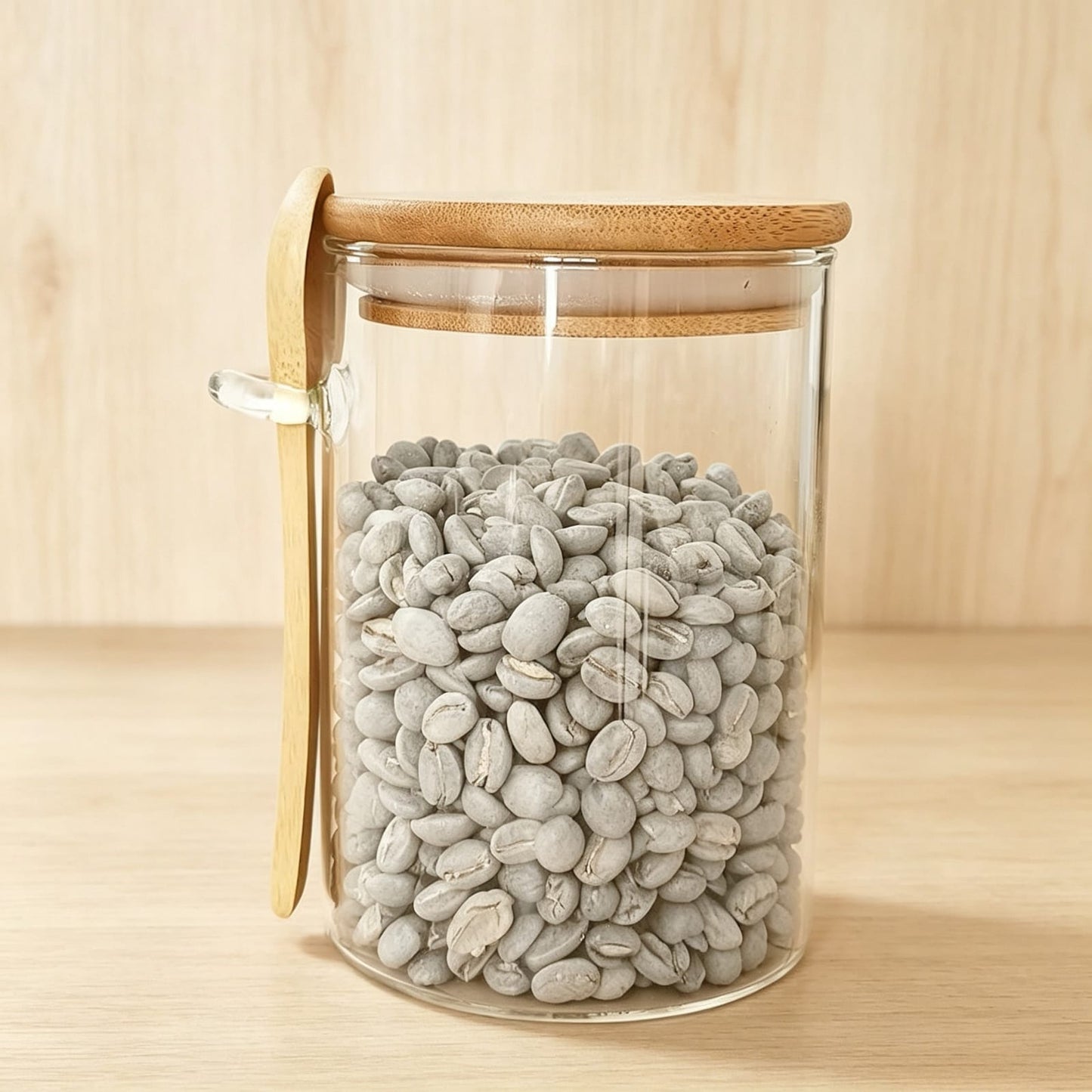 Glass spice / storage jar with spoon and bamboo lid