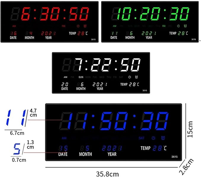 Digital Wall Clock 4 Alarms Hourly Chiming Temperature Calendar Table Clocks Plug* Large 16” Screen for Easy Reading