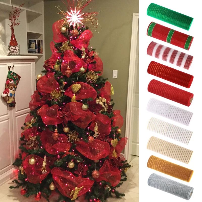 26cm 10 Yards Gold White Mesh Ribbon DIY Xmas Tree Glitter Mesh