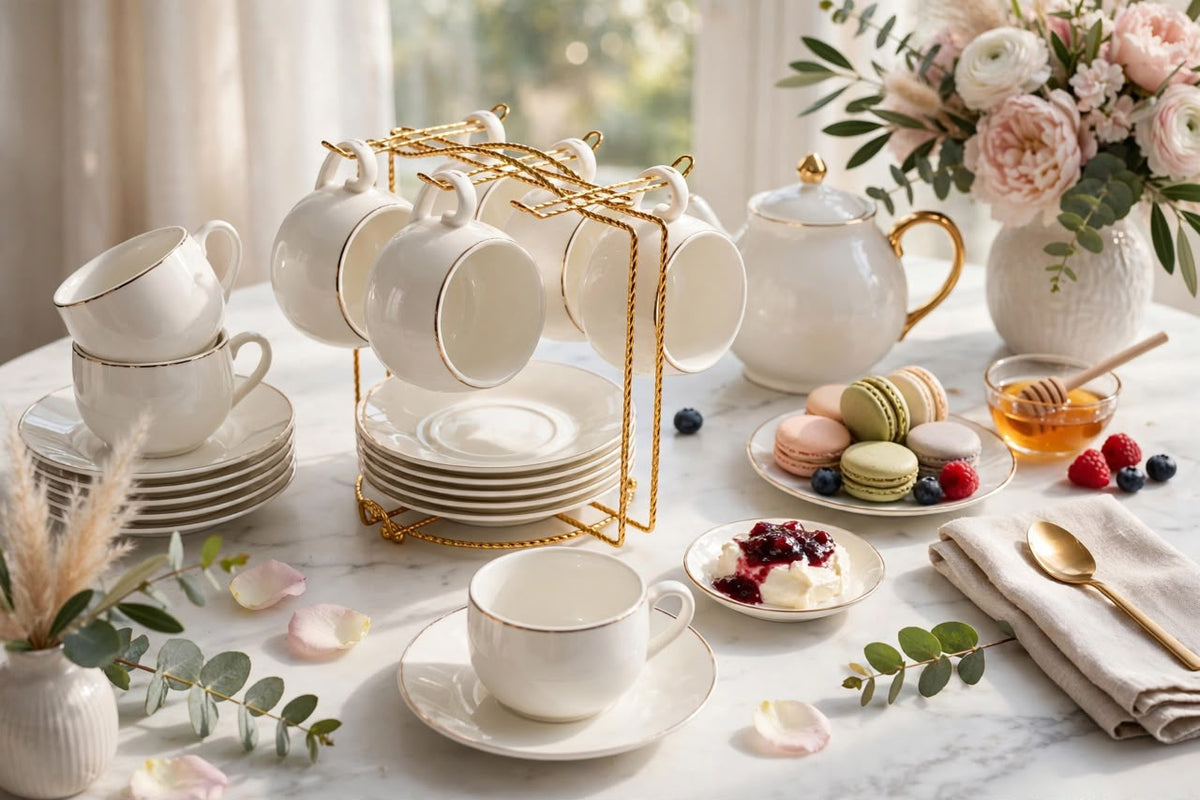 Fine bone china White & Gold rim Tea Set — 6 Cups, 6 Saucers + Gold Stand 🤍✨