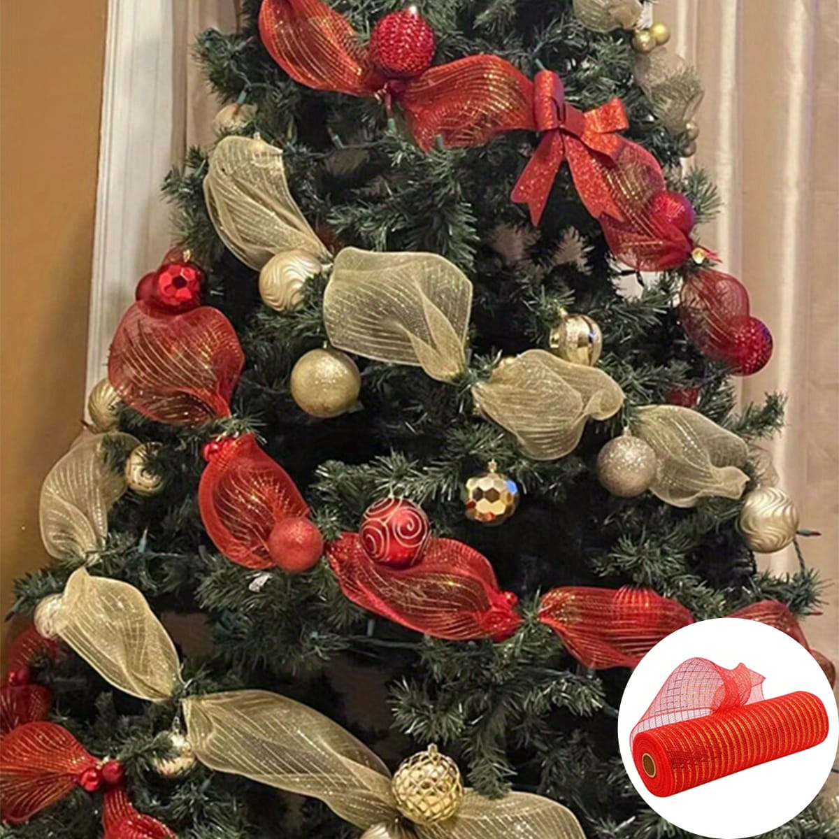 26cm 10 Yards Gold White Mesh Ribbon DIY Xmas Tree Glitter Mesh