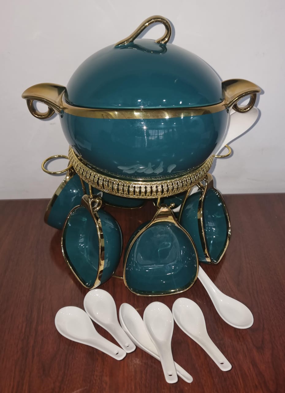16pc ceramic soup set on golden stand