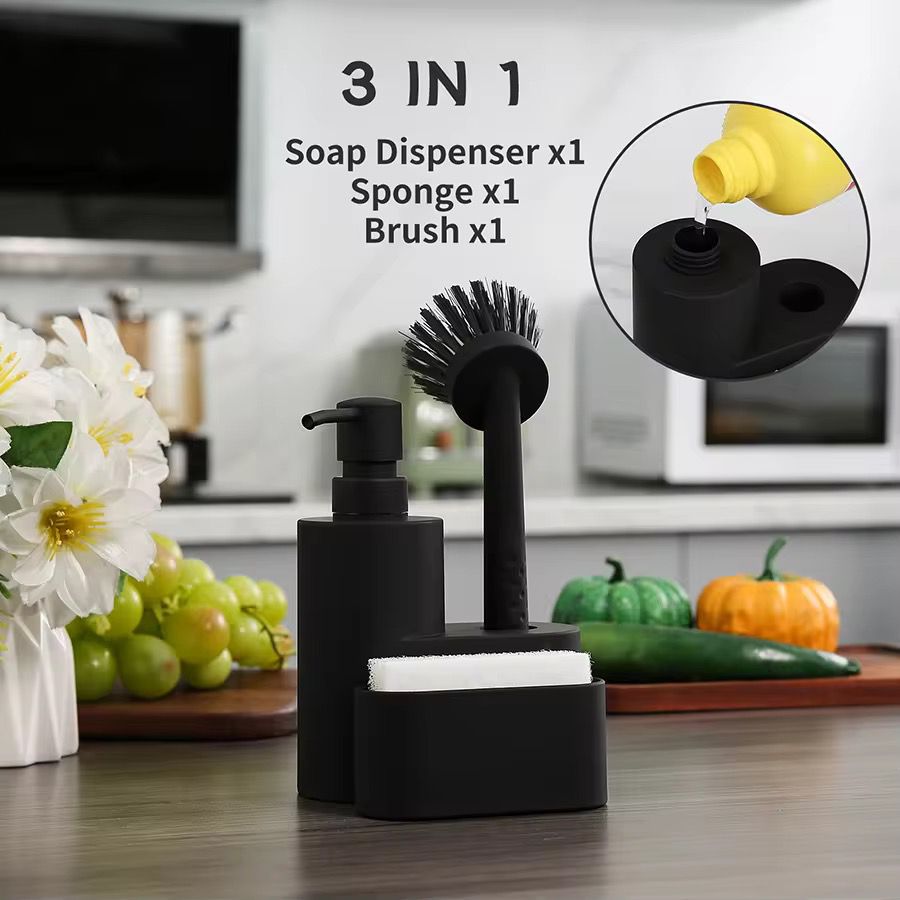 Kitchen soap dispenser 3 in 1 with dish washing brush and sponge holder set