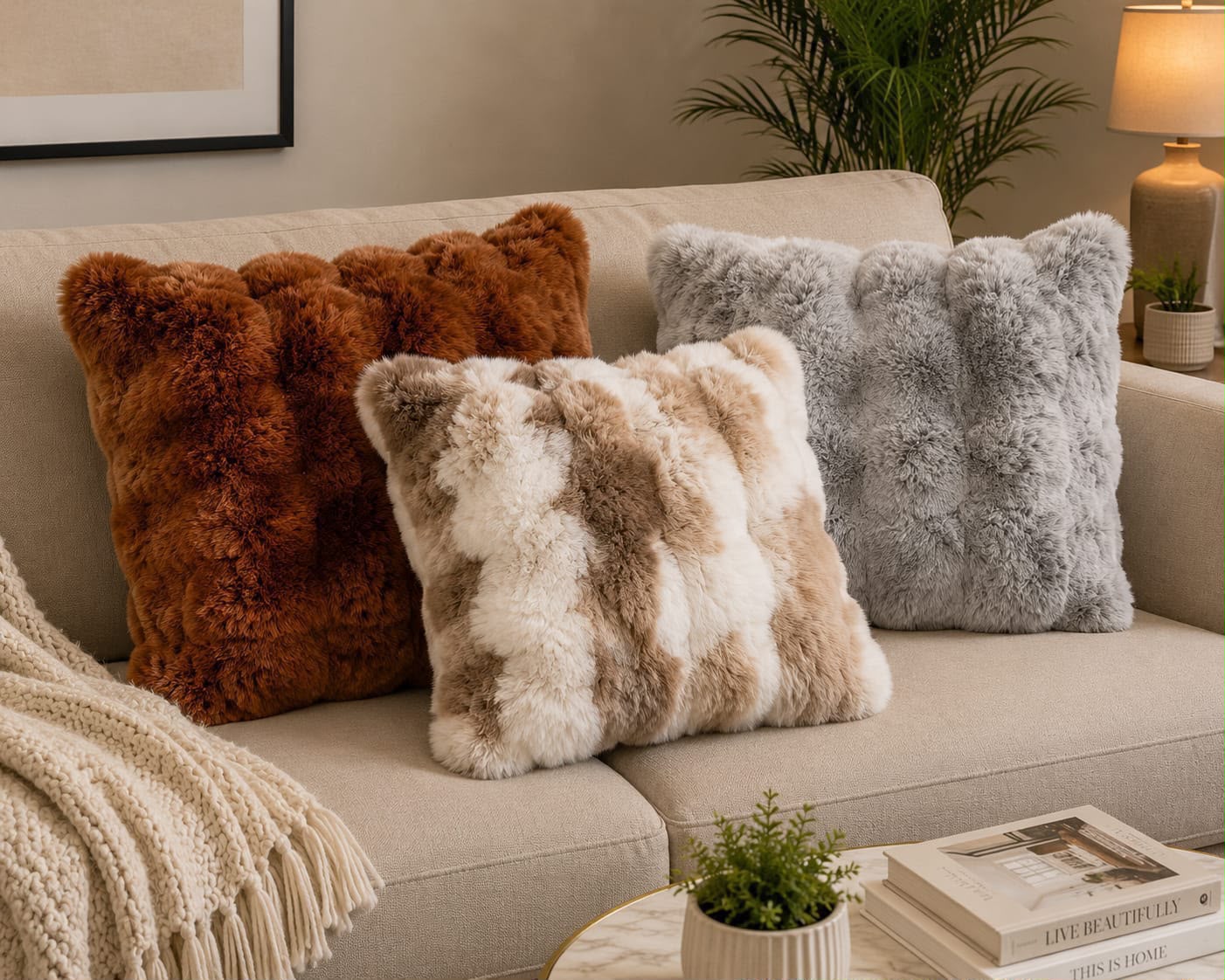 2pcs Soft cozy fluffy faux rabbit fur decorative pillow case covers