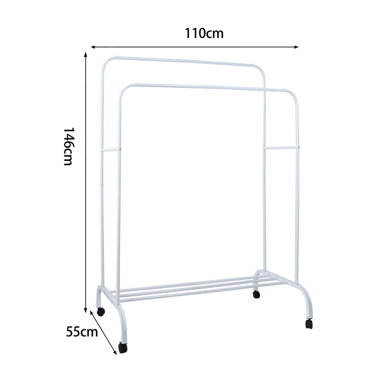 Double Pole Clothing Rack With Wheels & Lower Storage Shelf for Boxes /Shoes