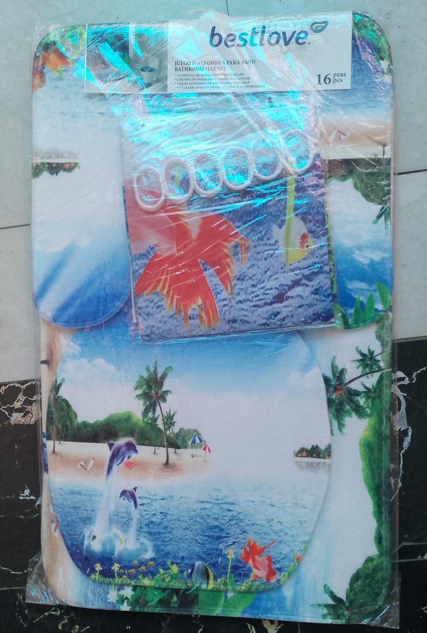 3D 4in1 bathroom woolen mats with a waterproof shower curtain