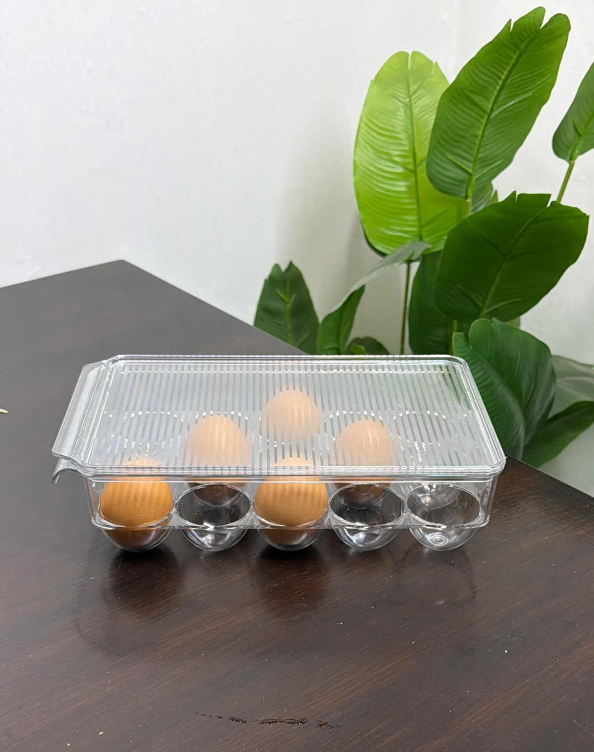 Clear acrylic egg storage container.