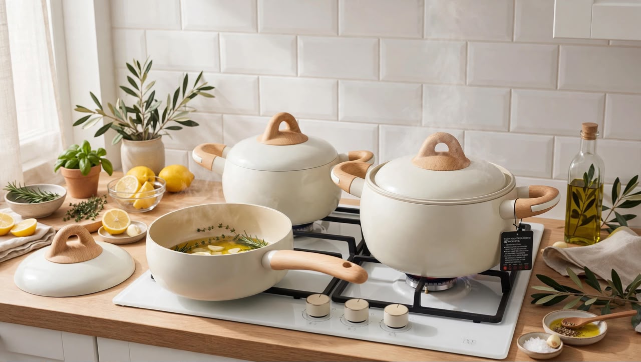 High quality UCC LIFE 9PCS Cream Beige Non-Stick Set with ceramic coating