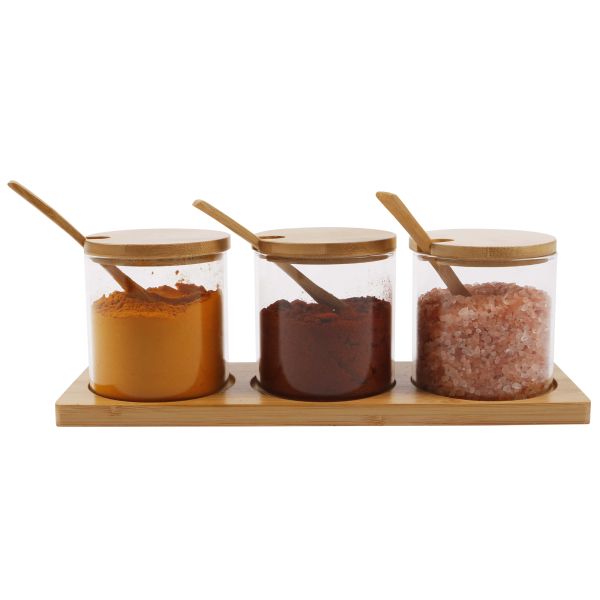 High quality 3in1 glass sugar set with bamboo stand, lids and spoons