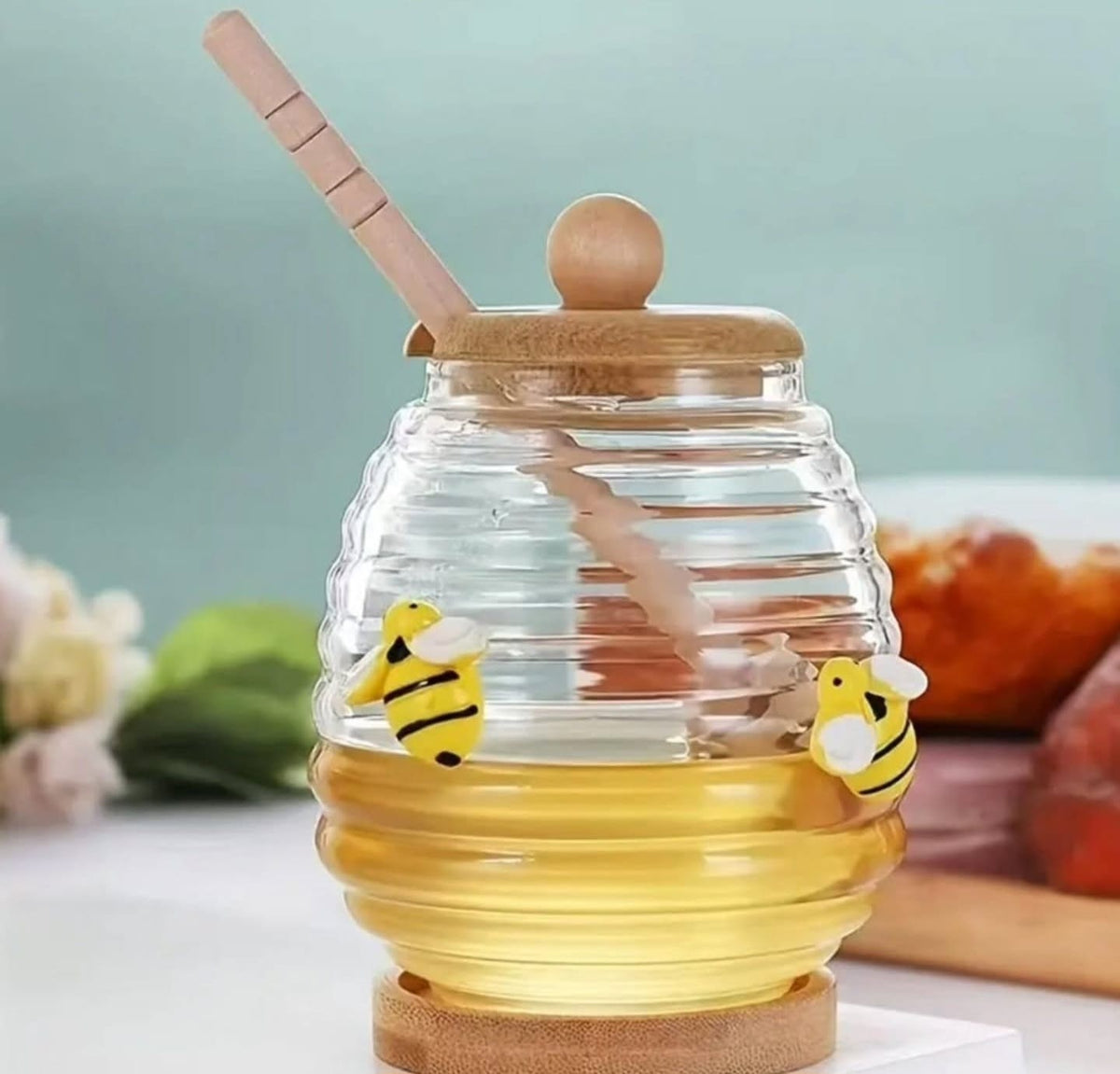 Honey canister container lid and stiring rod