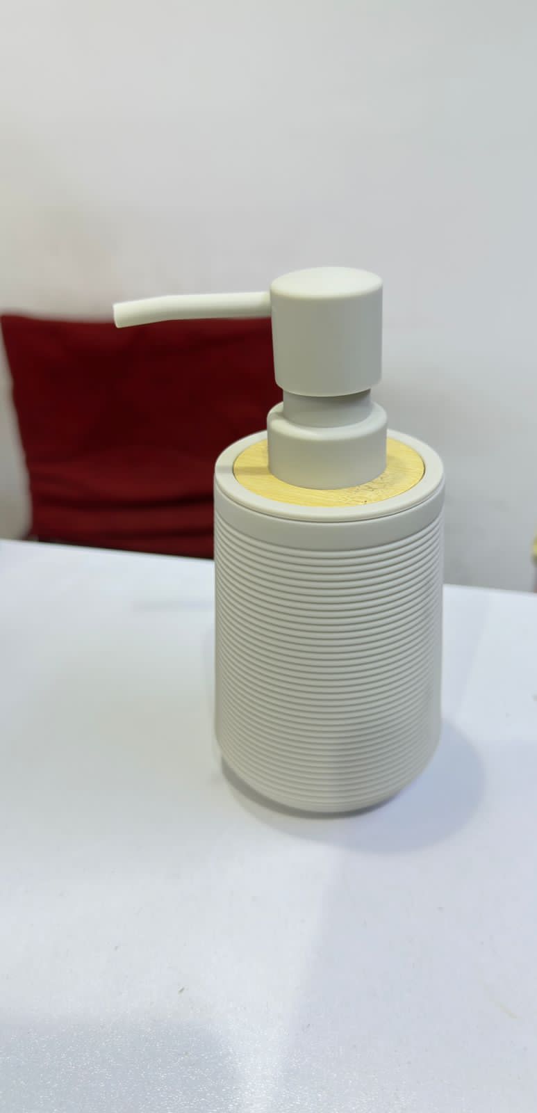 Modern Matt round hand soap dispenser with bamboo trim