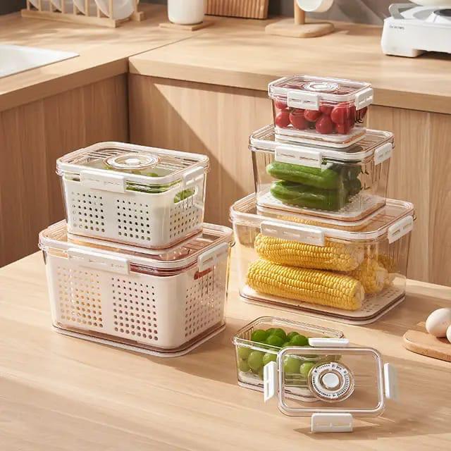 3pcs Airtight Fridge Vegetable/Fruit/food storage Box with Drain Basket with compartment