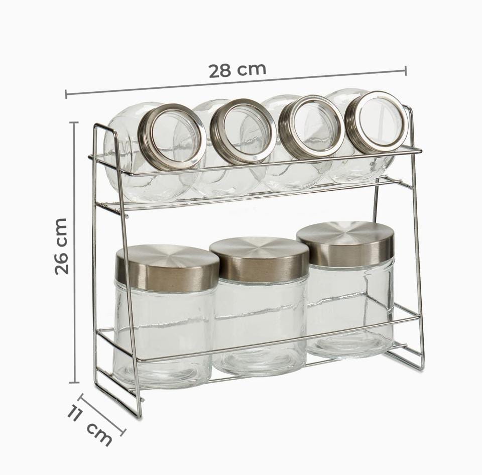 Set of 7 glass jars for spices or food. They have an airtight lid. Stainless steel lids. Dishwasher safe. Hard and resistant glass. Ideal for storing spices, food, sweets, cookies, etc.