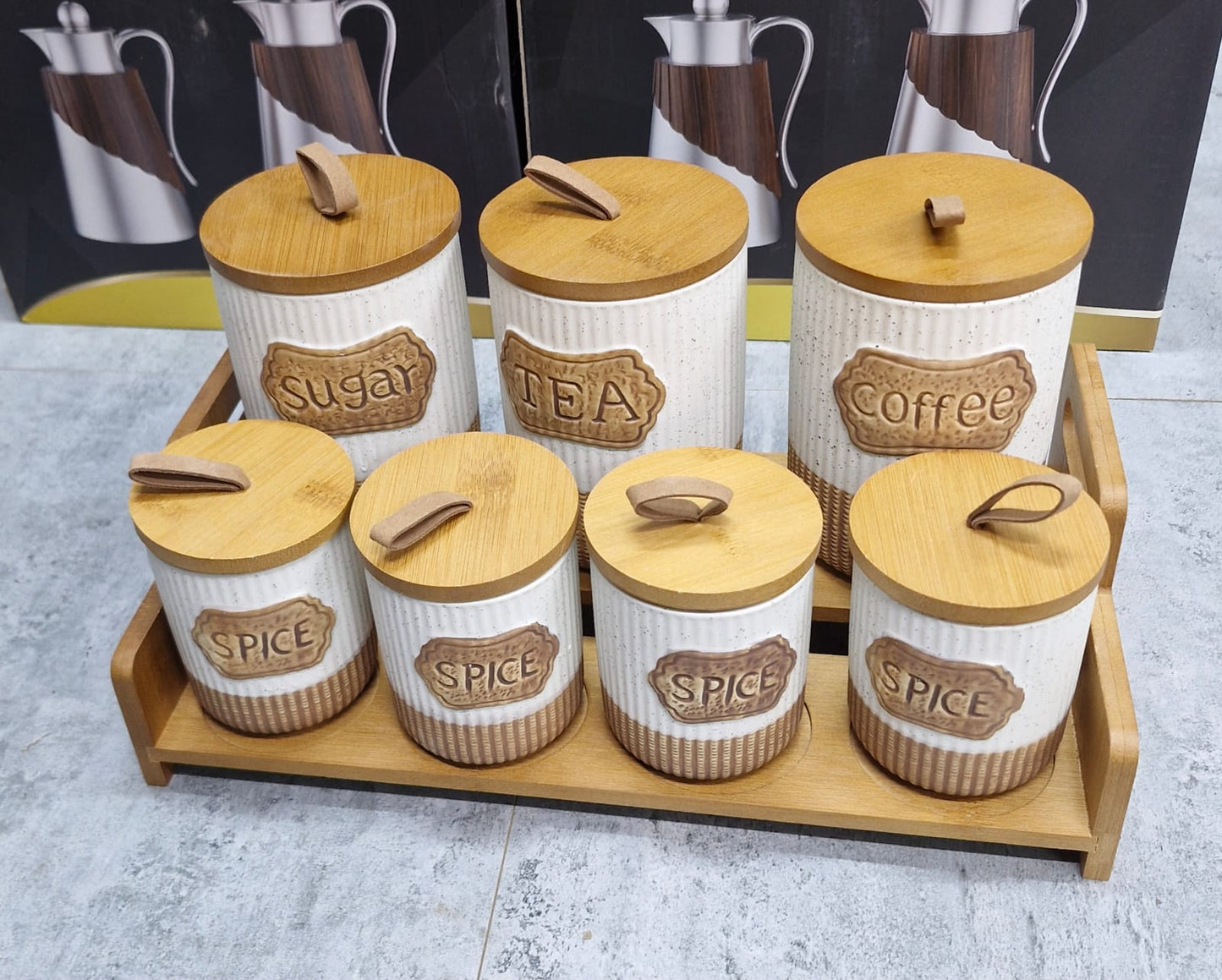 7pc White Rustic Ceramic Canister Set with Wooden Stand