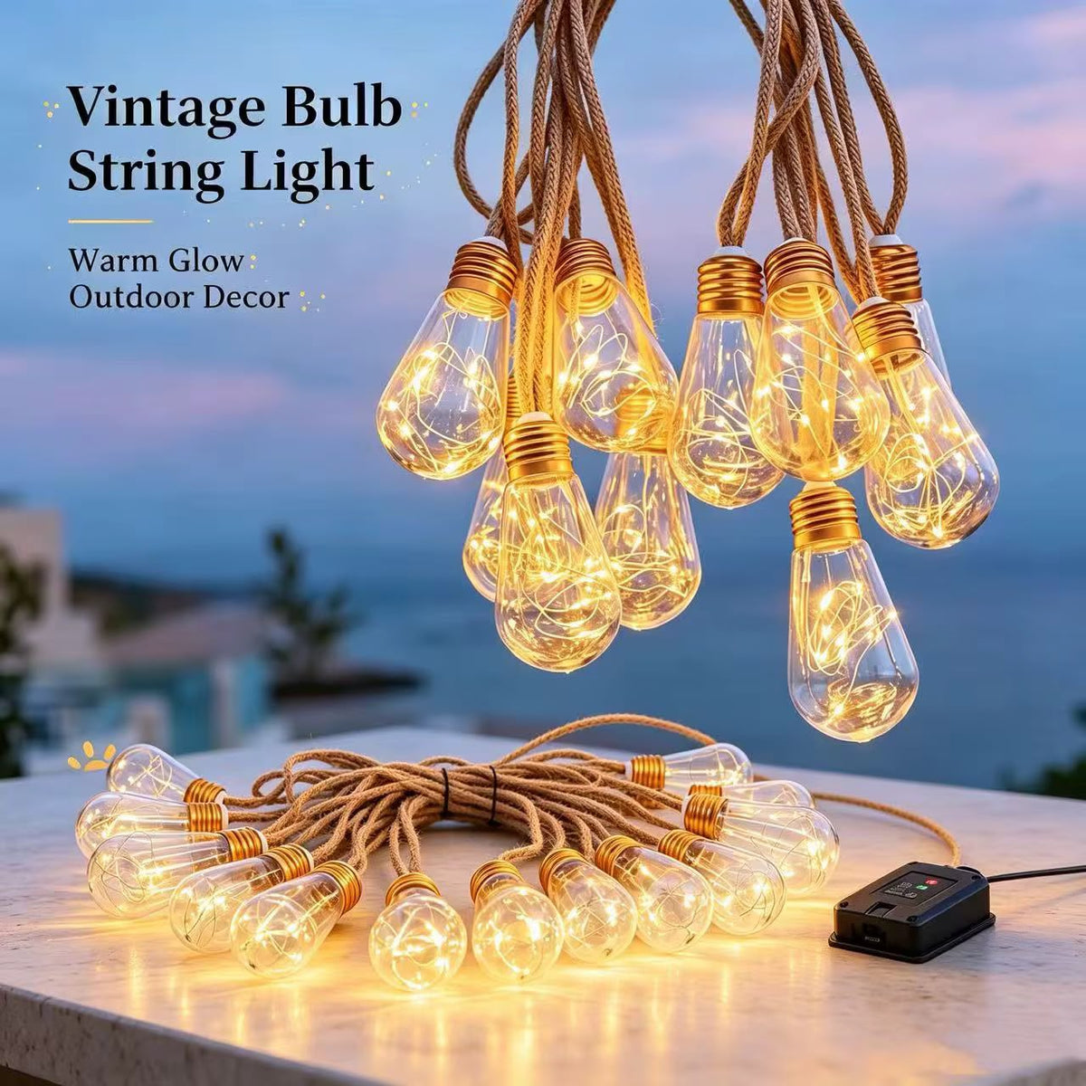 10M VINTAGE HEMP ROPE CHRISTMAS LIGHTS — USB + SOLAR | INDOOR & OUTDOOR Roll