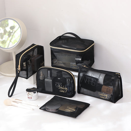 5pc Transparent Mesh Makeup Case Organizer Storage Pouch Casual Zipper Toiletry Wash Bags Make Up Women Travel Cosmetic Bag