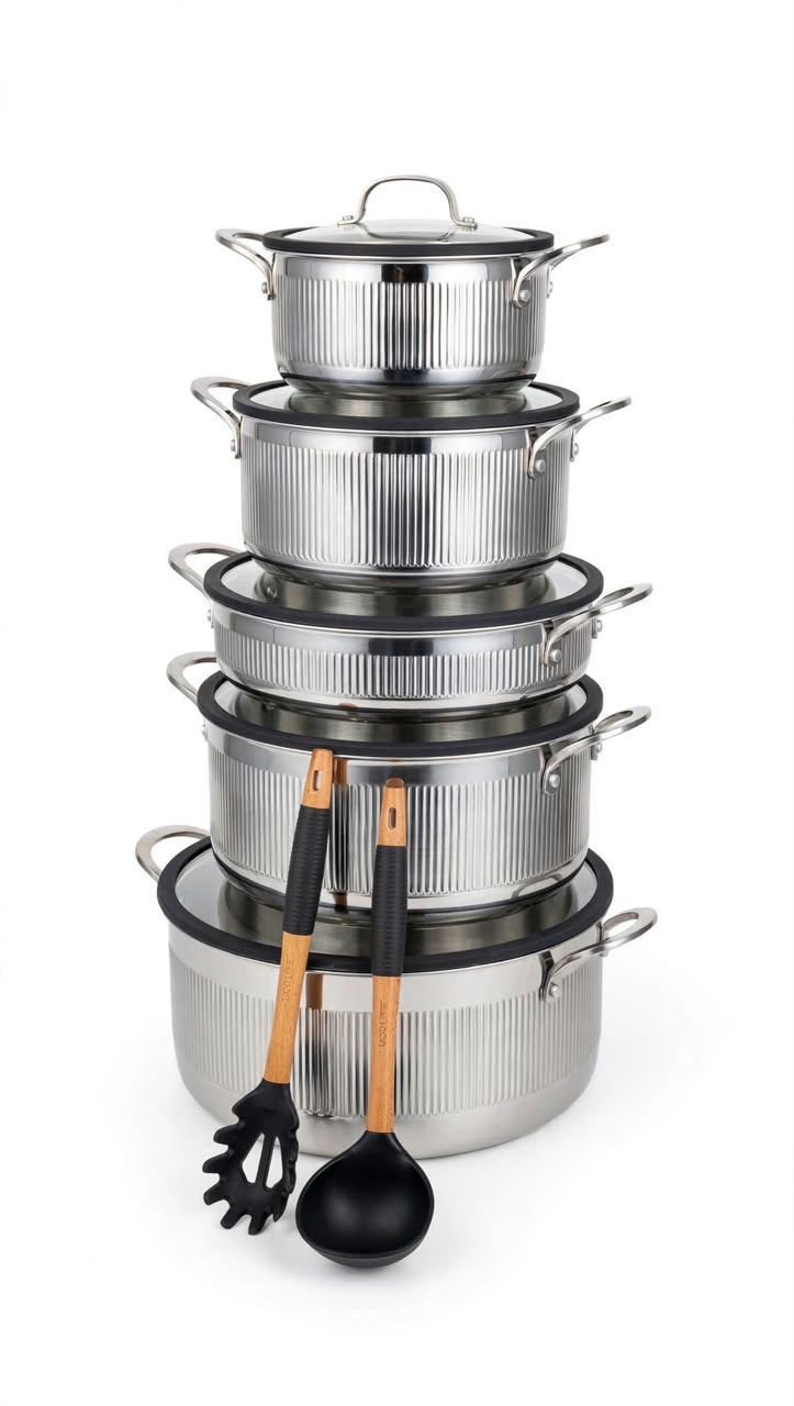 Ribbed Stainless Steel Pot Set with Flat Clear Glass Lid ✨
12pc set