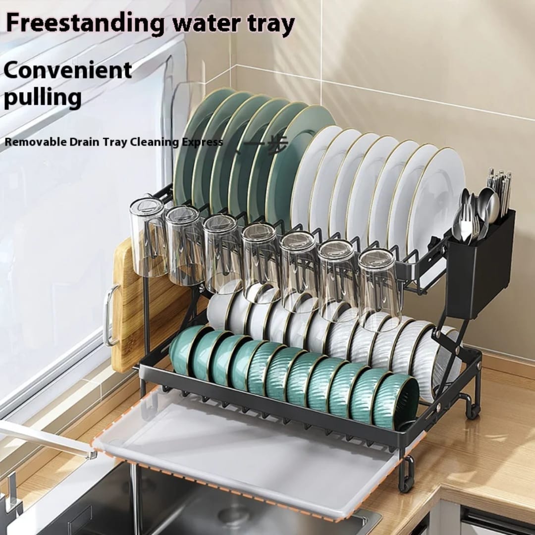 Modern 2-tier kitchen dish drying rack with a space-saving foldable design