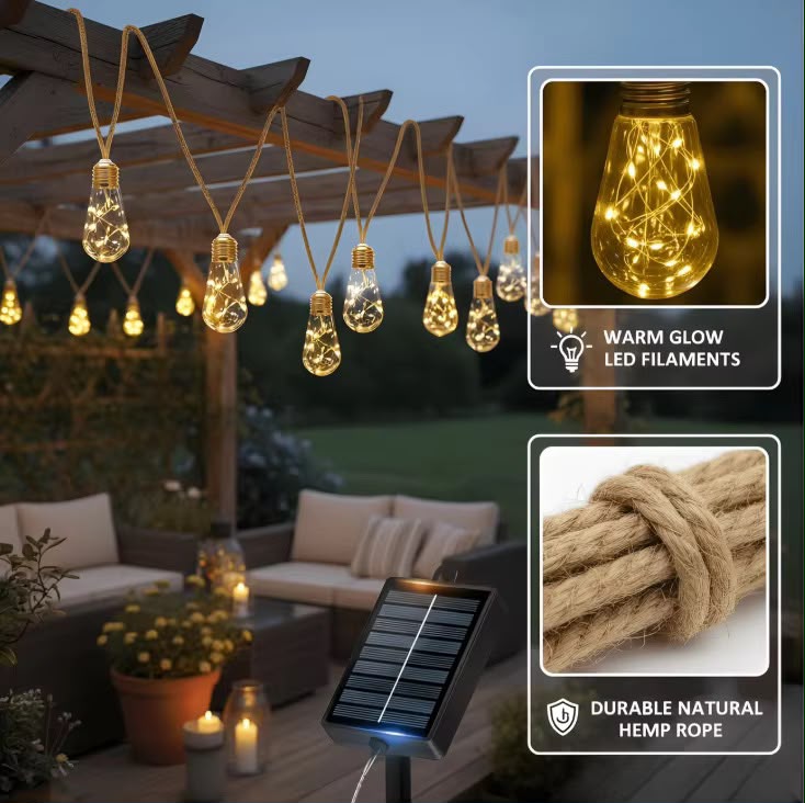 10M VINTAGE HEMP ROPE CHRISTMAS LIGHTS — USB + SOLAR | INDOOR & OUTDOOR Roll