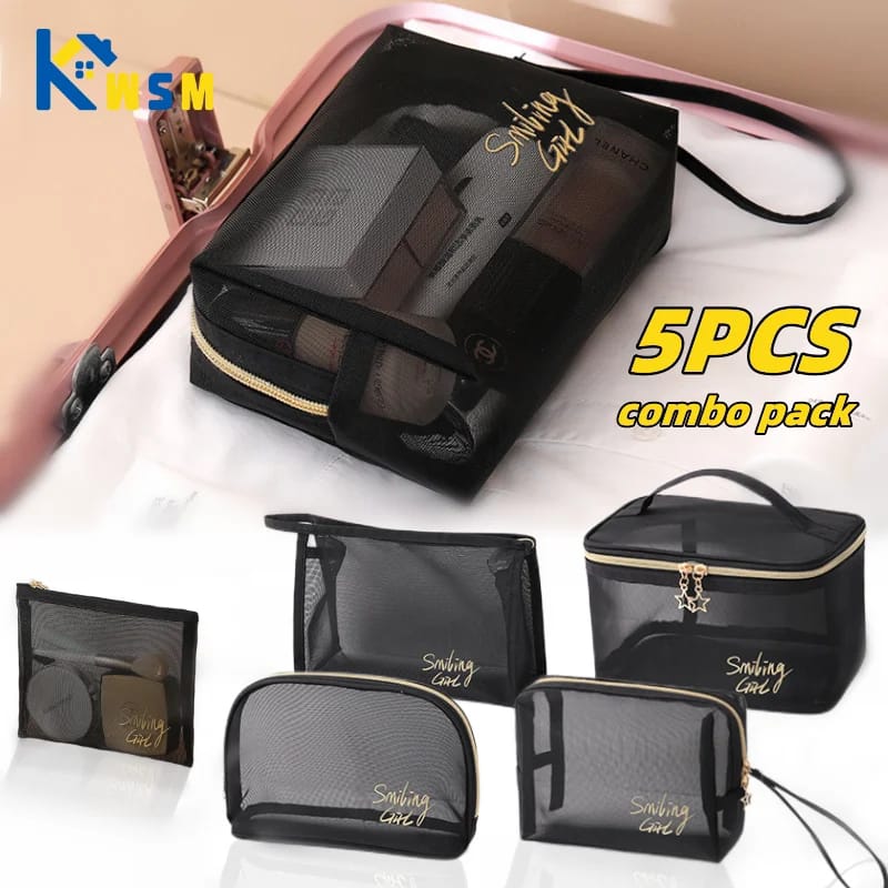 5pc Transparent Mesh Makeup Case Organizer Storage Pouch Casual Zipper Toiletry Wash Bags Make Up Women Travel Cosmetic Bag